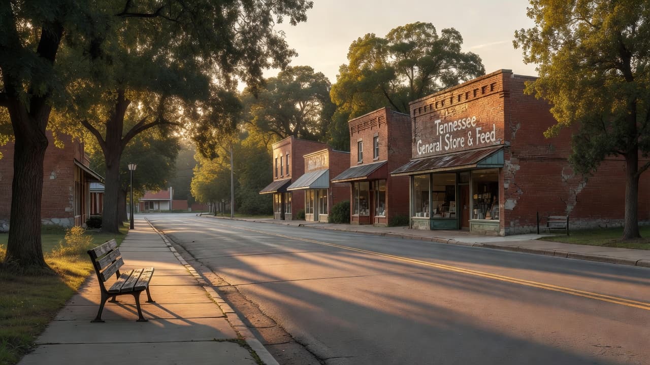 A small town main street at golden hour