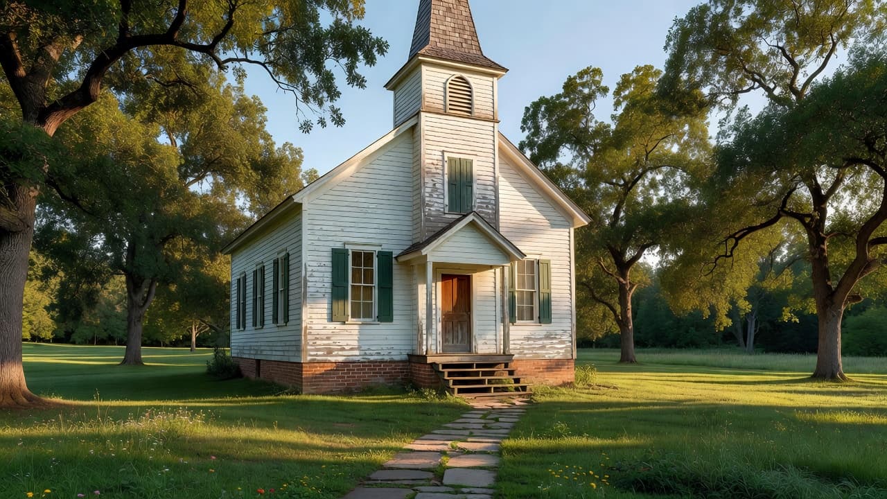 A historic white church with a steeple surrounded by trees